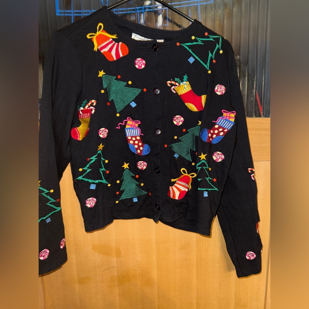 Vintage Michael Simon Lite Women's Medium Black Embroidered Christmas Cardigan